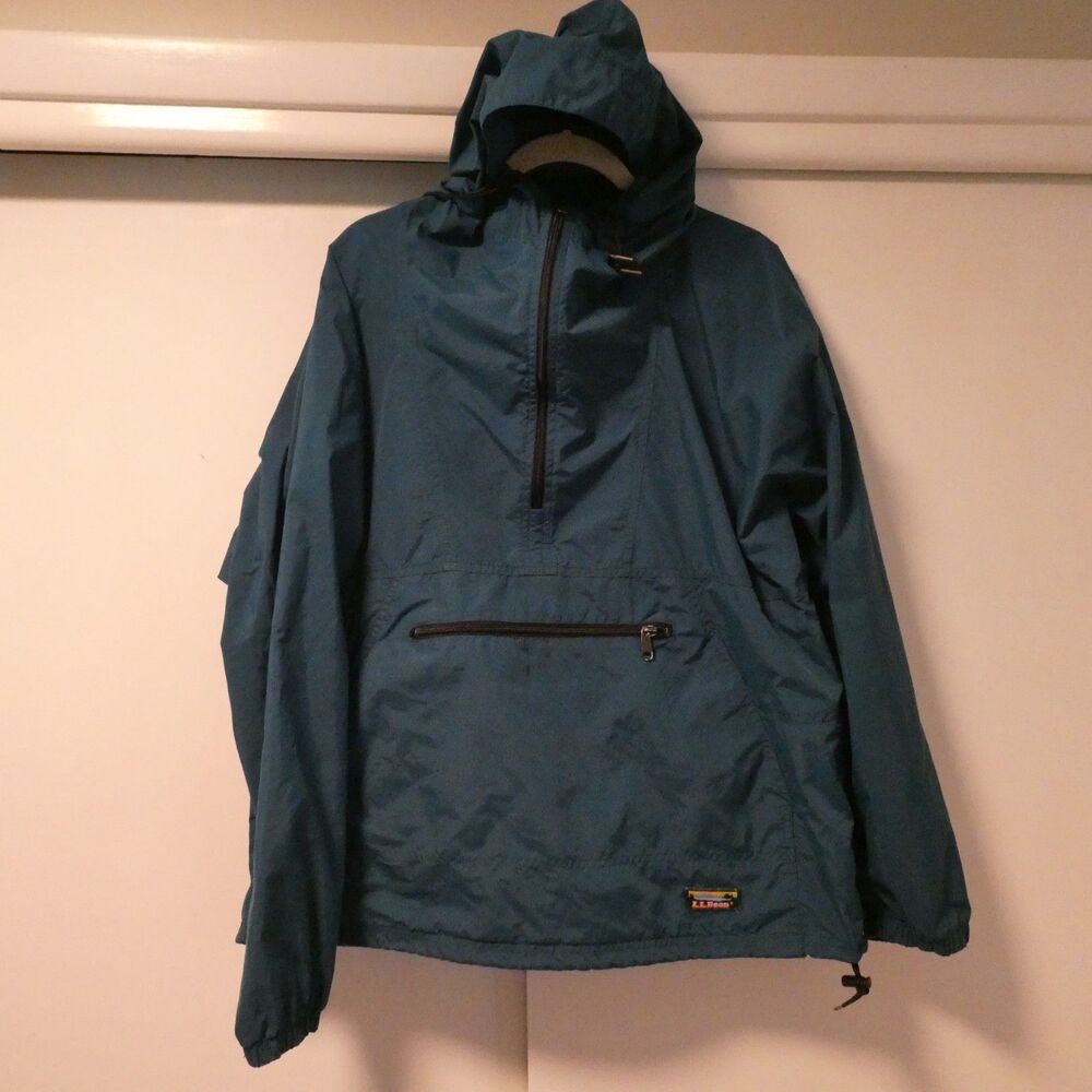 Vintage LL Bean Anorak Packable Windbreaker Teal Hooded Men's Large USA Made